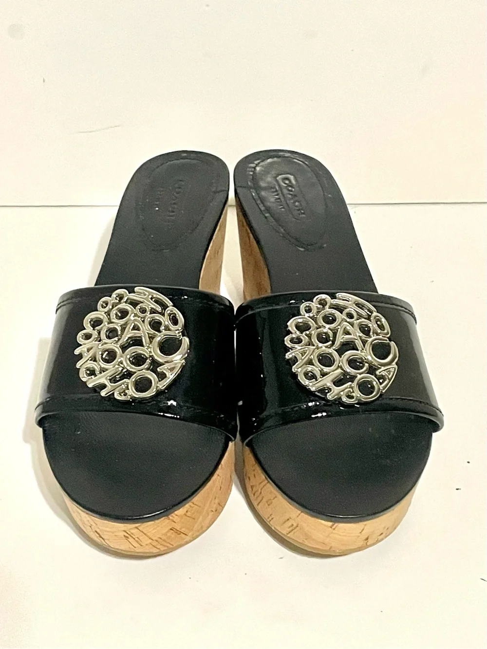 Coach Patent Leather Judith Wedge Cork Heel Sandal 6.5 B Black platform